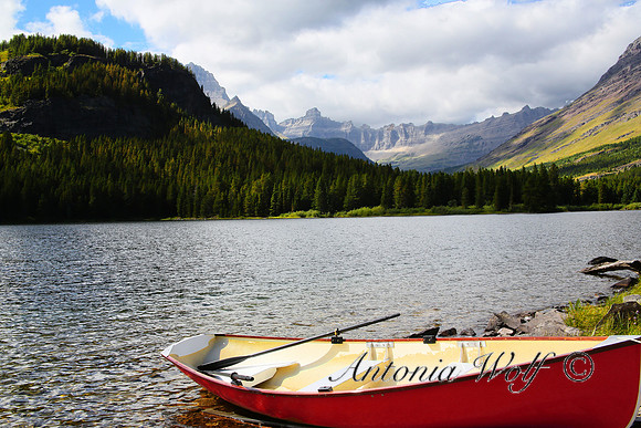 Red Boat Waiting at Many Glacier Hotel